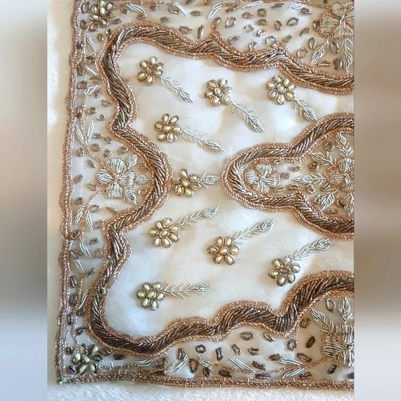 Vintage Gold Threaded Pearl Beaded Hand Sewn Table Centerpiece Tabletop Doiley - Picture 2 of 12